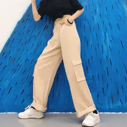 Весна Лето Харадзюку штаны-карго Для женщин Свободные повседневные брюки корейский Ulzzang эластичный пояс с большим карманом широкие брюки