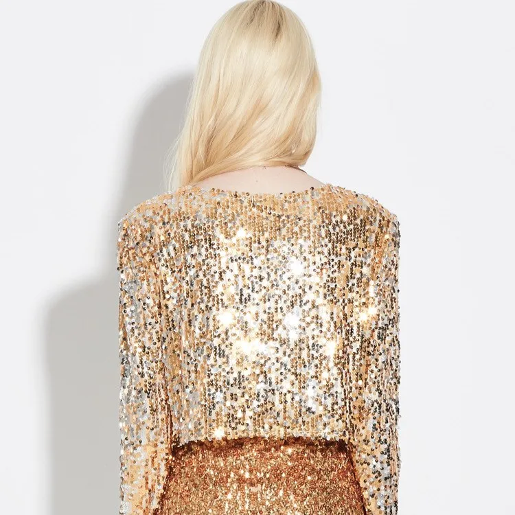 Spring Fashion Women Silver Sequined Coats Solid Open Stitch Long Sleeve Outwears Cardigan Jackets