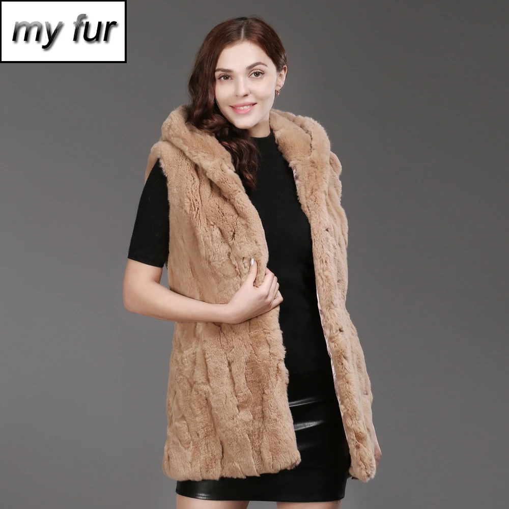 

2019 Autumn Winter Women Real Rex Rabbit Fur Hooded Vest Lady Warm Rex Rabbit Fur Gilet Long Style Rex Rabbit Fur Waistcoat Coat