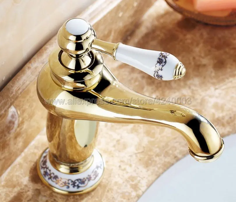 Basin Faucets Gold finish Bathroom Faucet Ceramic Single handle Basin Mixer Tap Bath Brass Sink Water Tap Knf501