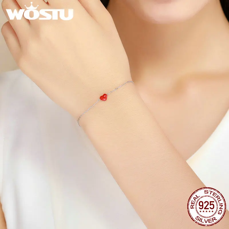 WOSTU Настоящее серебро 925 пробы модный эмалевый браслет с красным сердцем для