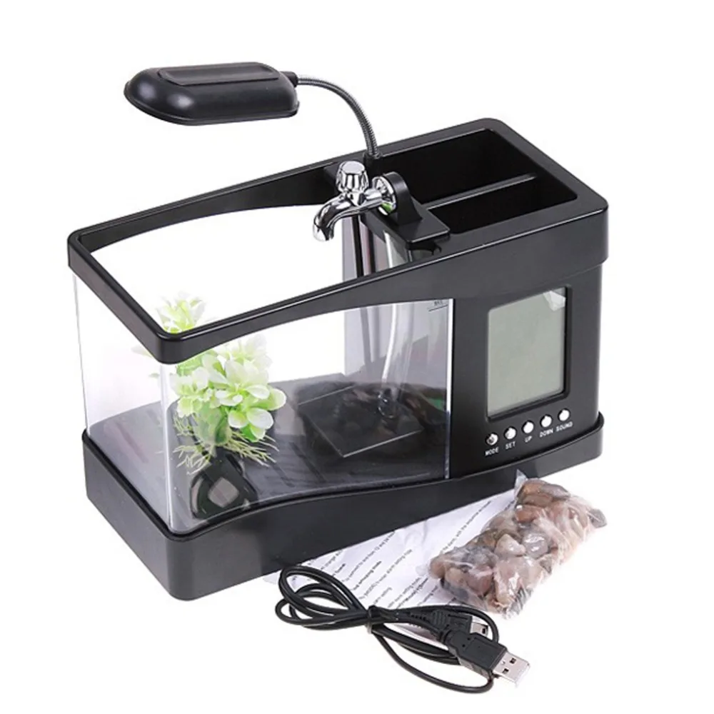 Mini USB LCD Desktop Fish Tank Aquarium Clock Timer Calendar LED Light