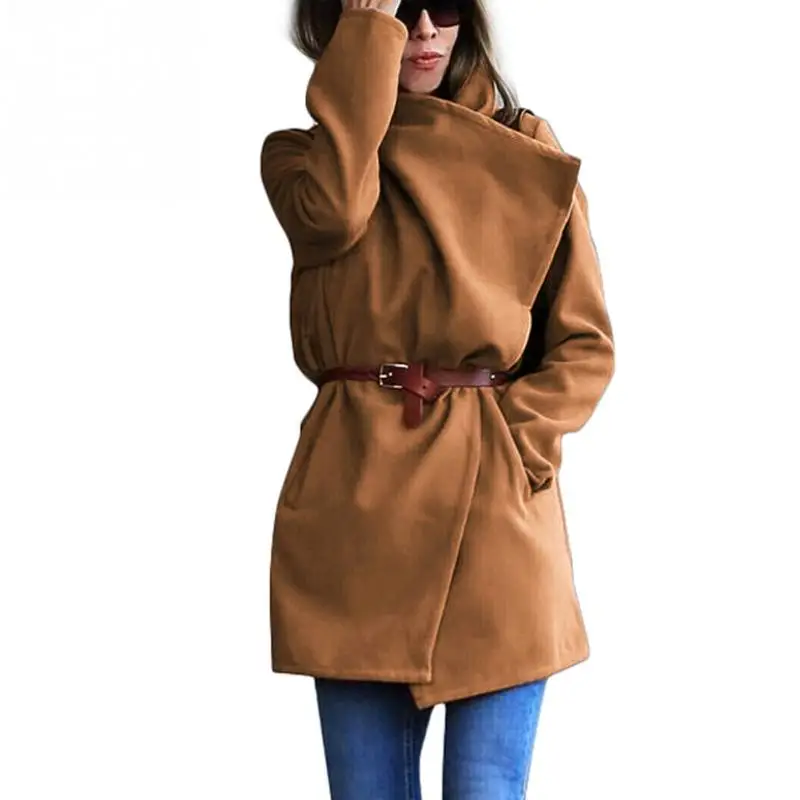 

Autumn Women Woolen Coat Winter Ladies Long Sleeve Casual Long Woolen lapel Coat Ladies Solid Color Cardigan Woolen Khaki Coats