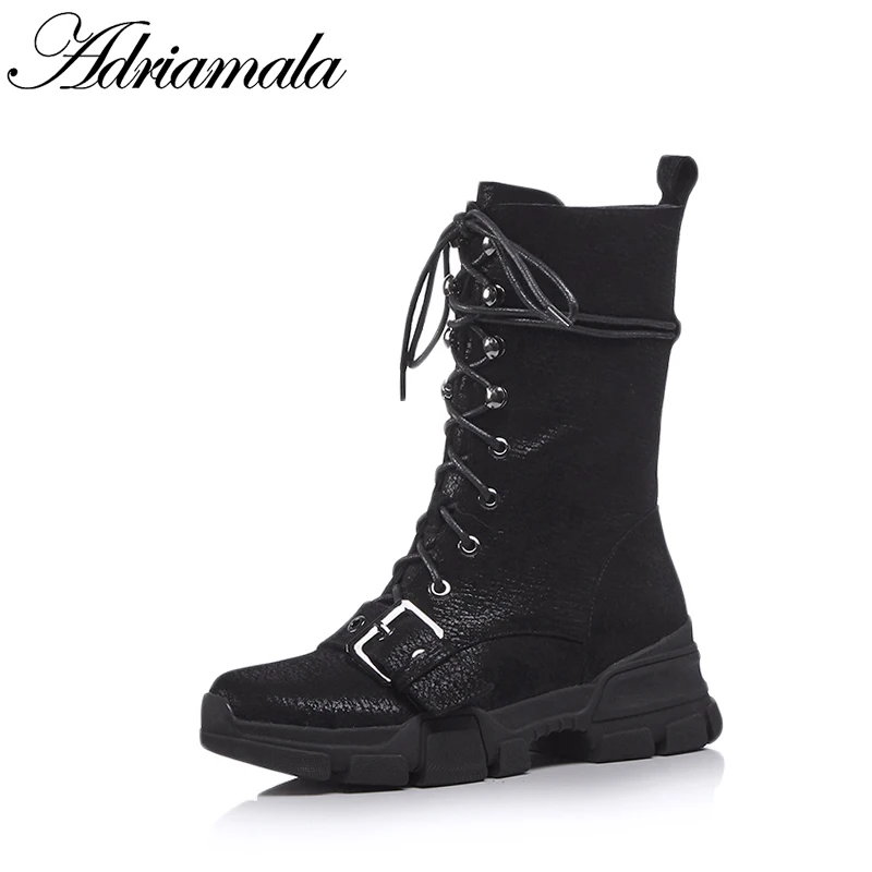 

2018 Cow Suede Ladies High Heel Boots Lace-up Basic Round Toe Flat With Women Shoes Boots Of New Autumn Fashion Adriamala