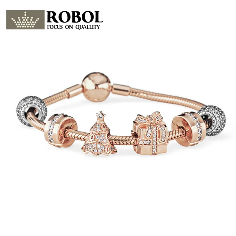 

ROBOL Antique Silver Charm Bracelet & Bangle With Love and Flower Crystal Ball Women Wedding Valentine's Day Gift