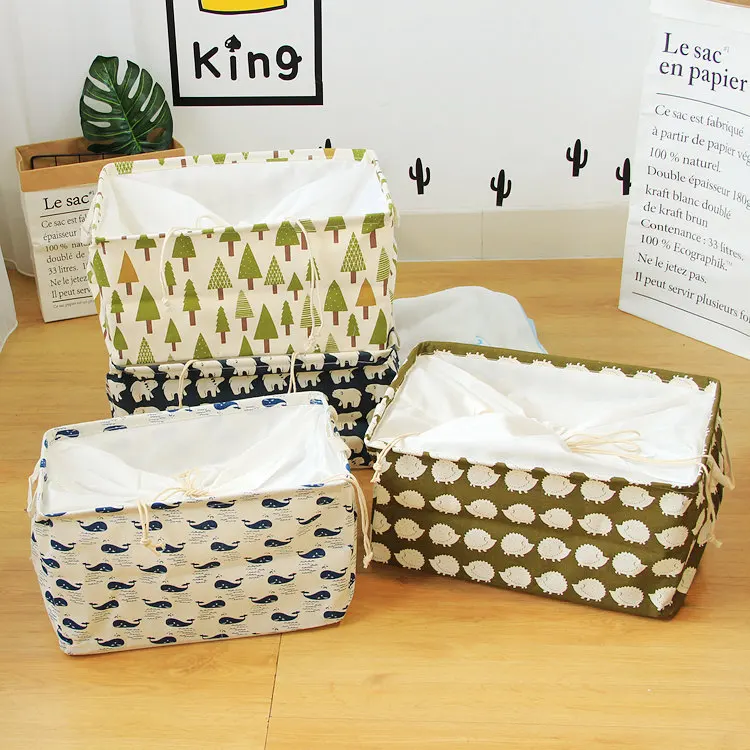 Drawstring Storage Basket Blue Striped with Handle Square Round Clothes Toys Books Linen Cotton Organizer for Dormitory | Дом и сад