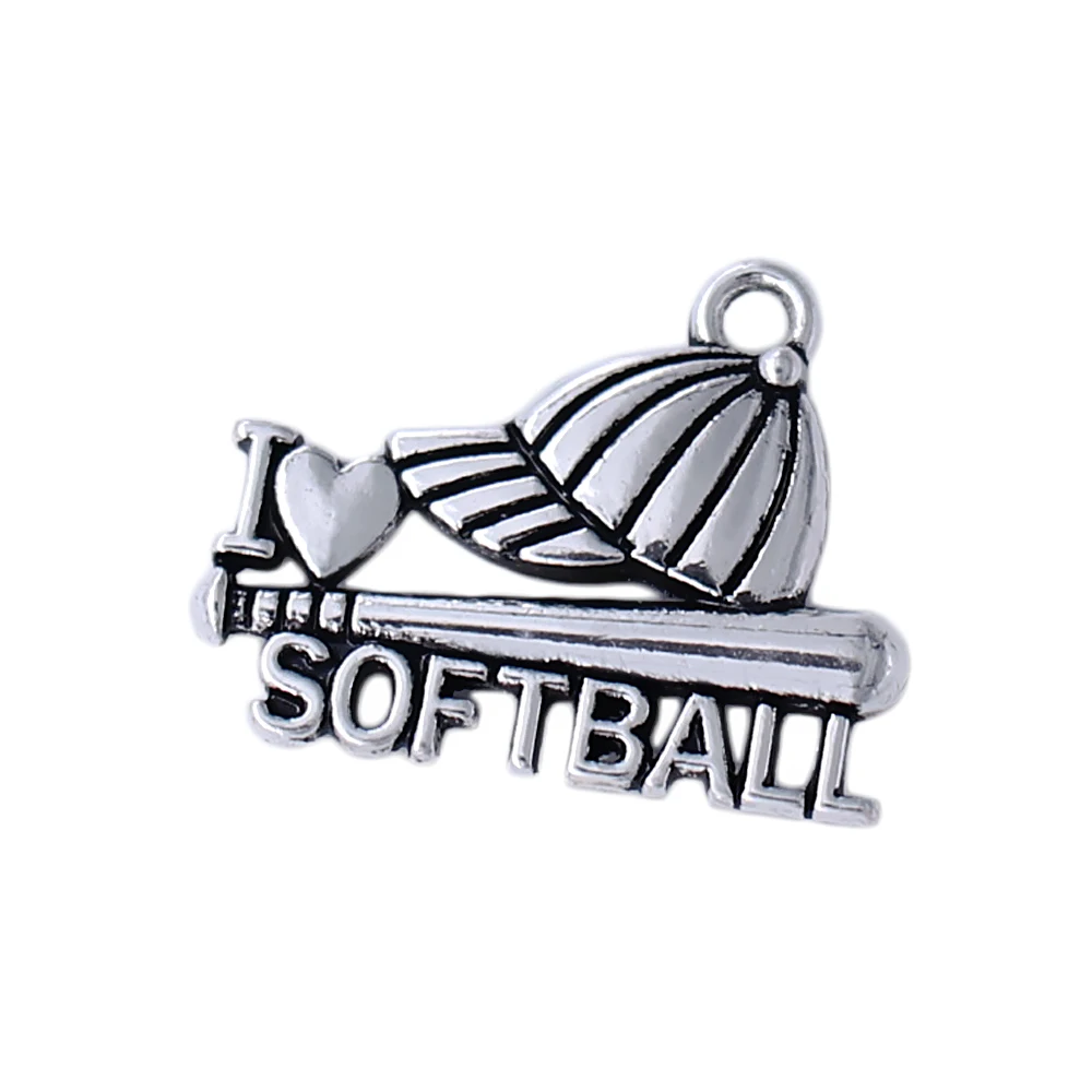 Alloy Metal Crafts Antique Silver DIY Bracelets Necklaces Making I Heart Softball Ball Cap Charm