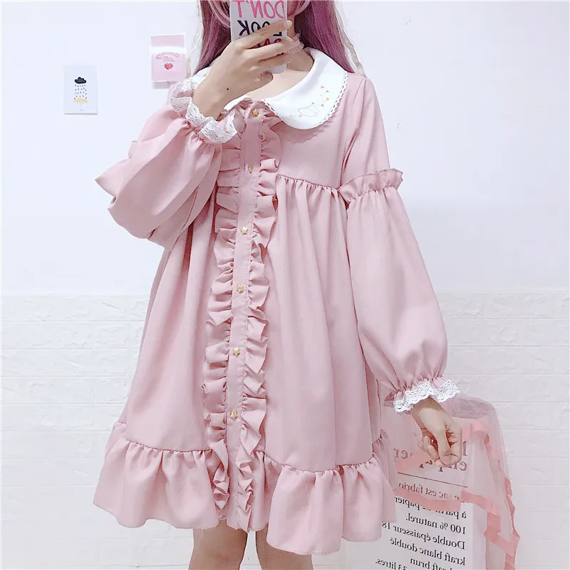 Нежное женское мини платье весна-осень,милое платье японского стиля"Лолита",кавайное платье с звездочками и оборками,прелестное короткое платье,розового цвета,с длинным рукавом