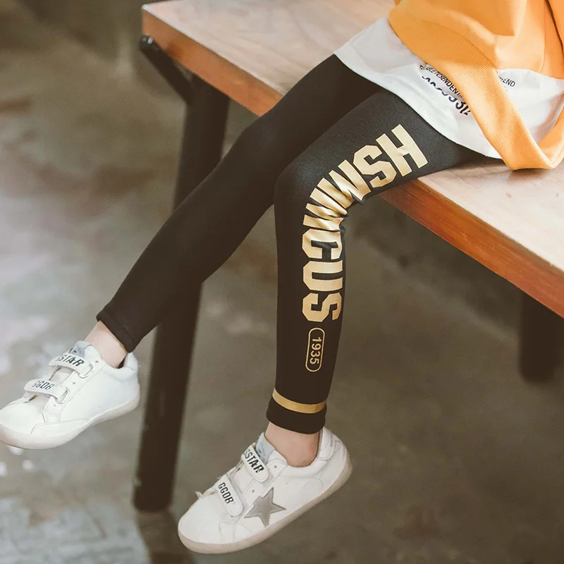 

Children Clothing Teenage Girls Pants Golden Print Letter Leggings for Girls Warm Thin Slim Trousers 2019 Autumn New Pants Kids