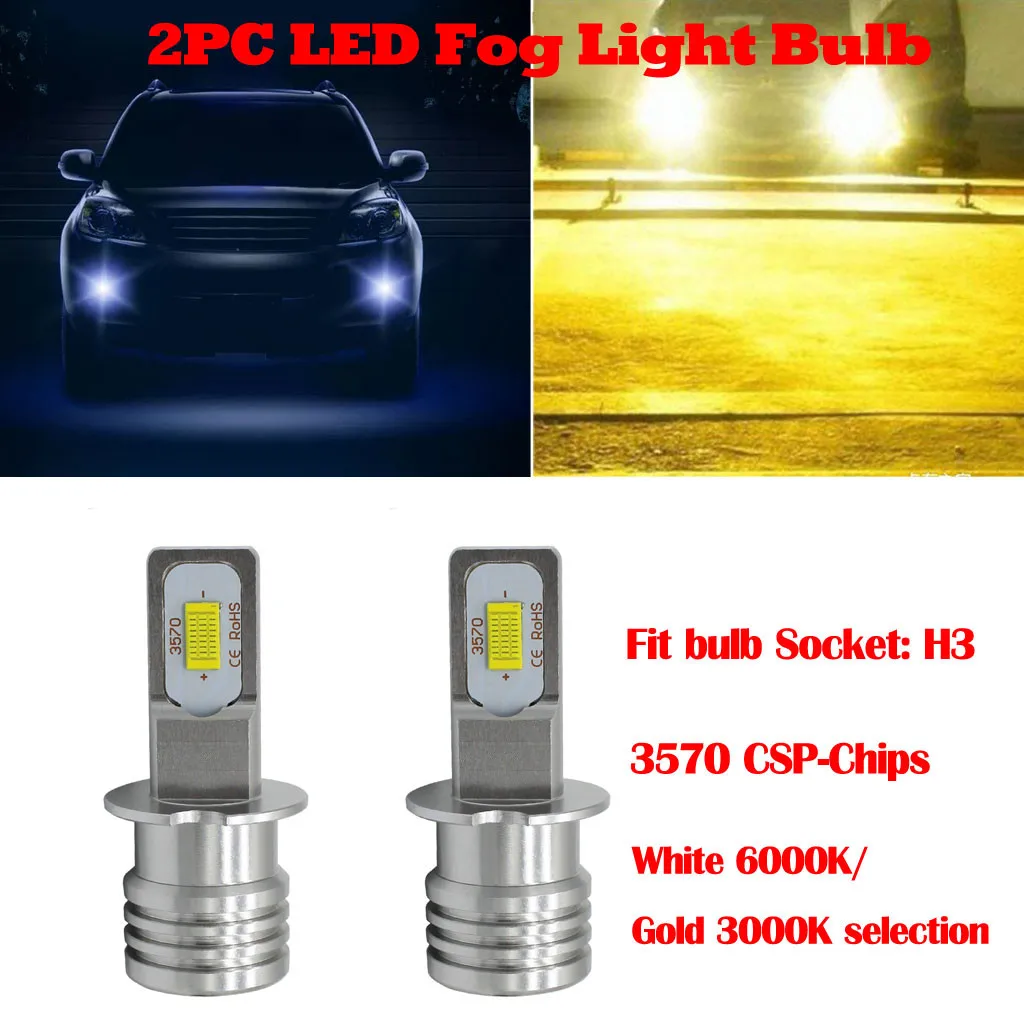 kongyide Car Light 2Pcs H3 LED Fog Light Bulb 3570 CSP-Chips LED Fog Lamp Bulbs White 6000K/Gold 3000K Car Headlights Faro je30