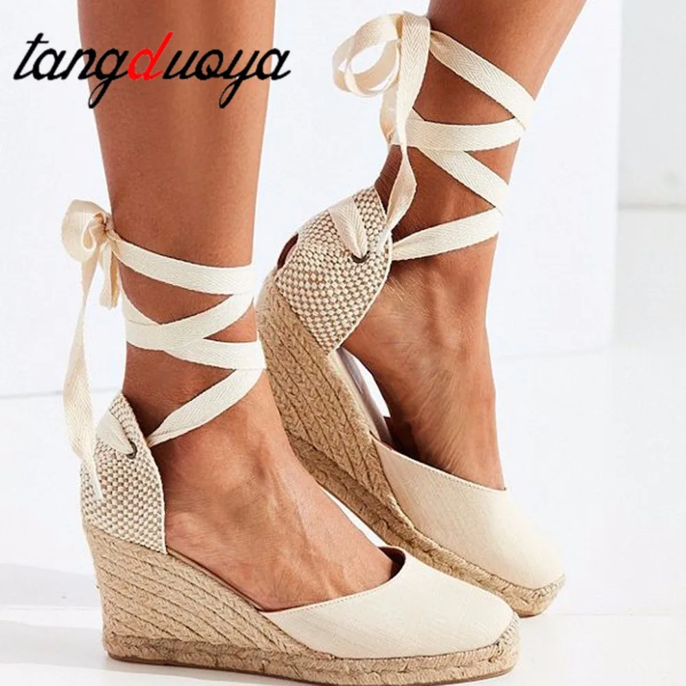 

2019 Spring Summer Women Casual Linen Canvas Wedge Sandals Close Toe Ankle Strap Med Heel Ladies Platform Pump Shoes women