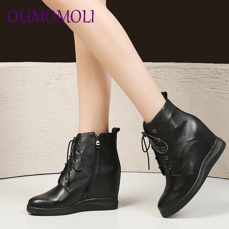 

New 2019 Genuine Leather Ankle Boots Wedges High Heels Lace Up Short Martin Shoes Soft Leather Office Pumps Casual Shoes