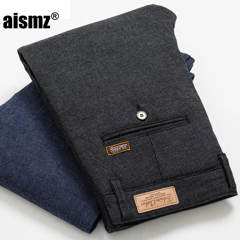 

Aismz Pants Men Cotton Linen Office Work Slim Smart Casual Black Elasticity Business Pants Men Regular Fit Social Long Trousers
