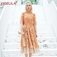 YIGELILA, Ранняя весна, женское кружевное платье с оборками, модное, элегантное, стоячий ворот, Империя, тонкое, праздничное, длинное платье, 64477