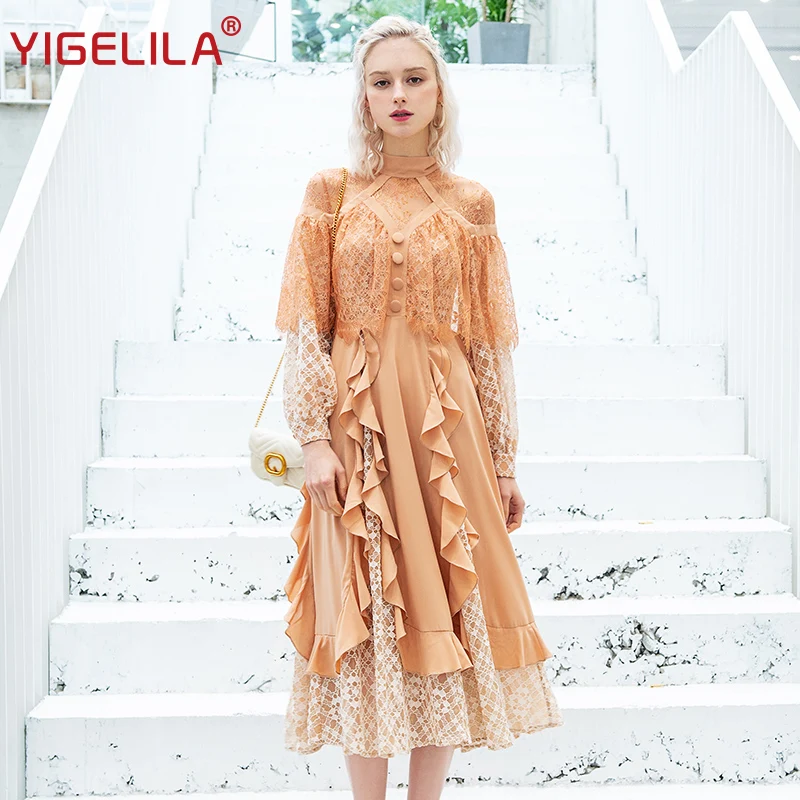 Женское кружевное платье YIGELILA длинное облегающее с оборками и