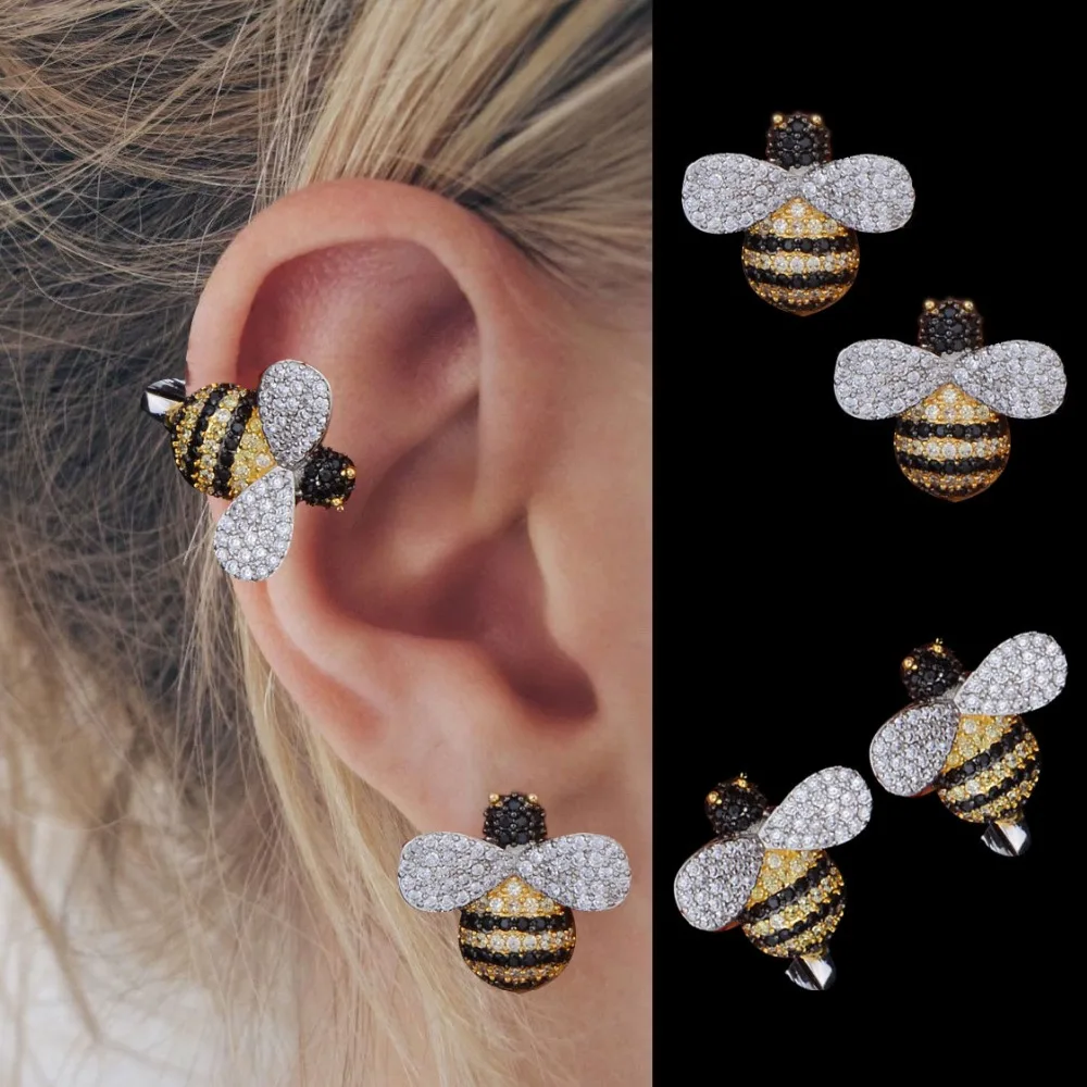 GODKI New 3 Tone Color Lovely Fat Bee Full Micro Cubic Zirconia Pave Women Bridal Engagement Earring Jewelry Addiction