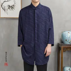 2019 китайский стиль льняные Мужская жаккардовая длинная секция мужская с длинным рукавом Подкладка Арабская Повседневная рубашка высокого