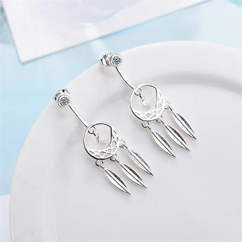 Japanese And Korean Style Simple Fashion Round 925 Sterling Silver Dream Catcher Feather Moon Crystal Creative Earrings SE661