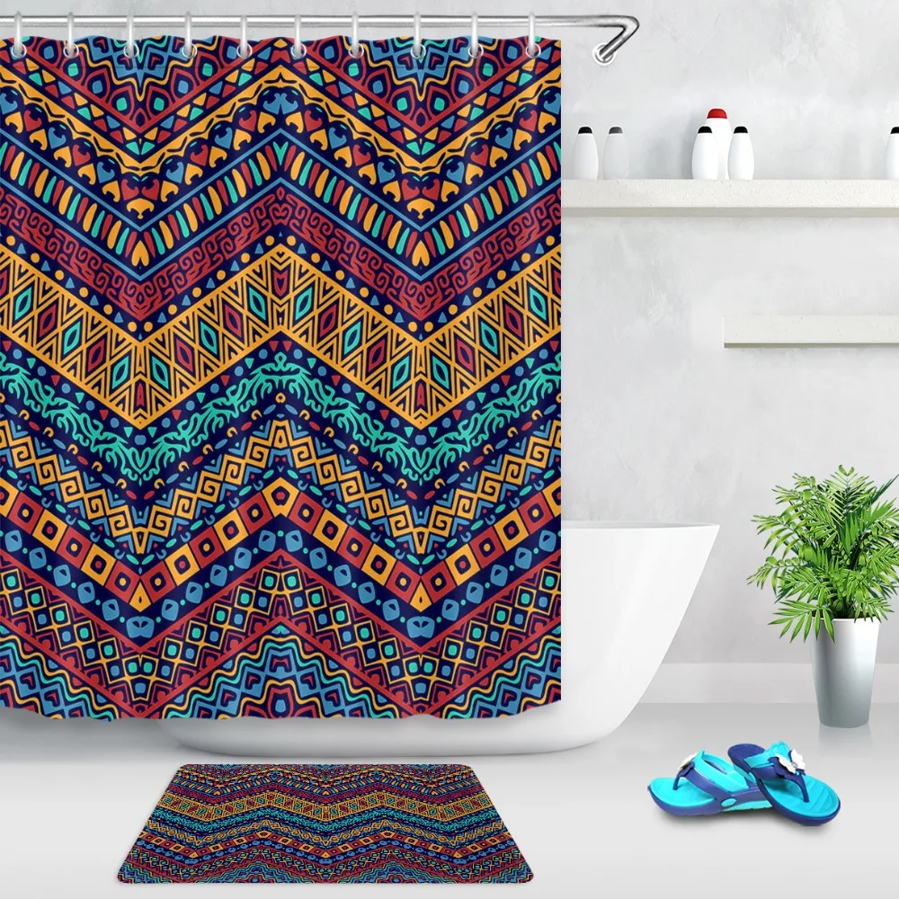 

Funny LB Yellow Red Blue Ripple Colorful Stripe Shower Curtain 12 Hooks Sets Kids Bathroom mat Waterproof Polyester Fabric Cloth
