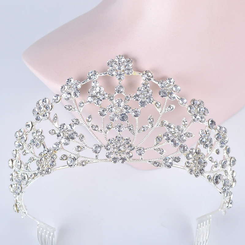 

Silver color flower style beauty women crowns Bridal wedding hair tiaras rhinestone party headdress hair jewelry with comb