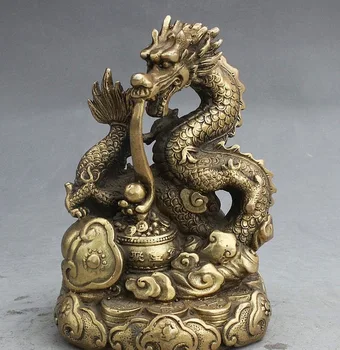 

5" Marked Chinese Dynasty Yuanbao Money Ruyi treasure bowl Dragon Brass Statue