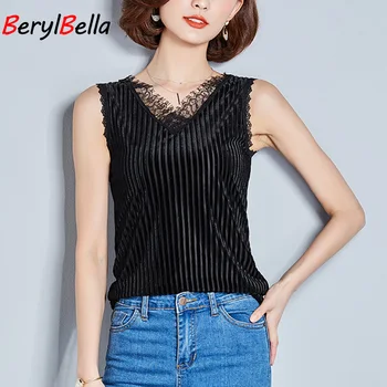 

Tank Tops For Women Velvet Solid Black V-neck Pullover Camis Lace Stripe Sleeveless Casual Vest One Piece Female Top