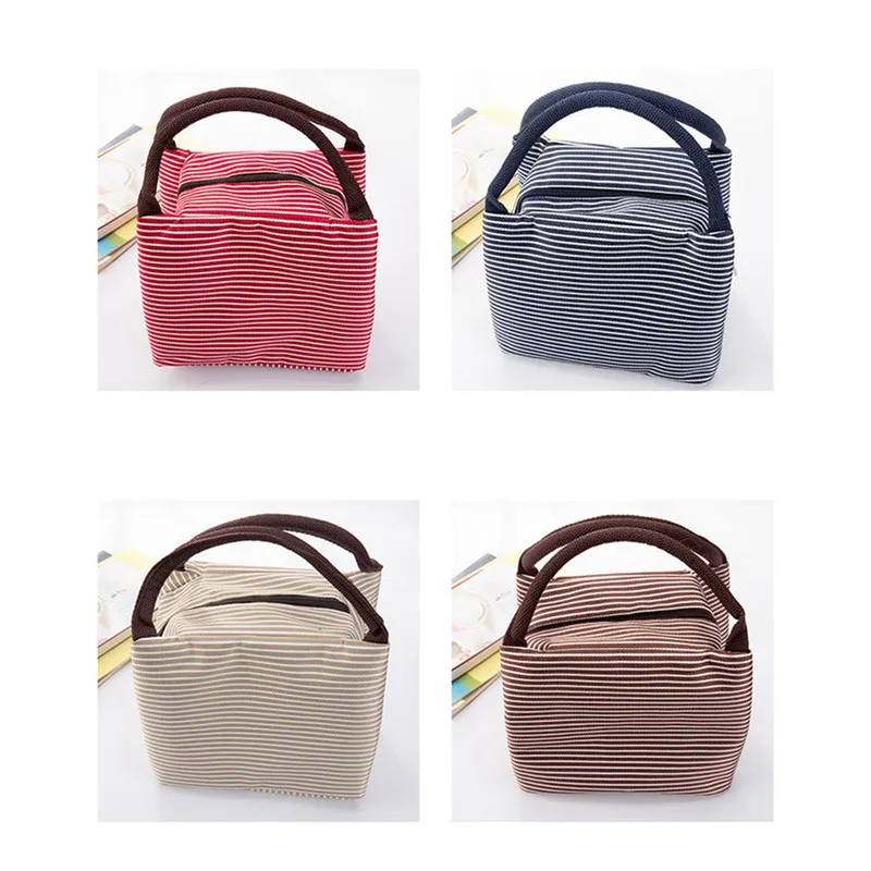 Woman Casual Laptop Lunch Stripe Canvas Bag Isolation Bag Food Picnic Lunch Bag Child Lunch Box Bag
