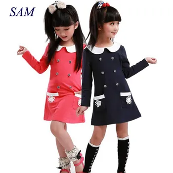 

Baby Girls Dress 2018 College Spring Autumn New Style Double Lapel Long Sleeve Pocket Cotton Dress