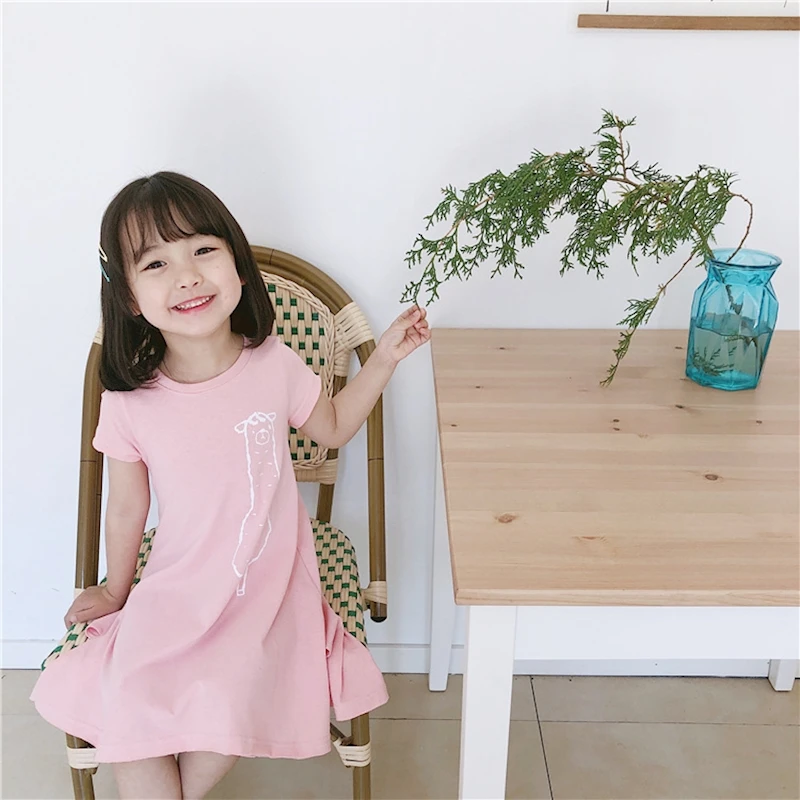 MYUDI 2019 Girls Fashion Summer Long T-shirt Dresses Short Sleeve Alpaca Sweet Girl's Brief Basic White Casual Dress