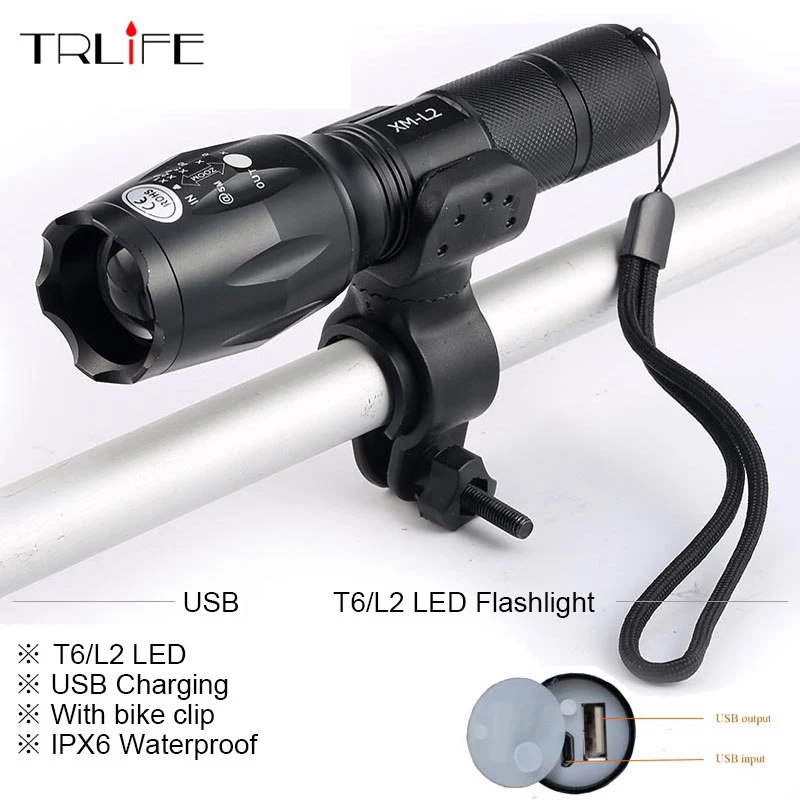 

Newest USB 8000 Lumens Flashlight LED -T6 L2 Front Torch Bicycle Light lamp with USB Charger+Bike Clip