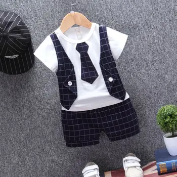 

Summer Baby Boys Clothes Short Sleeve Fake 2 Piece Gentle Plaid Print Tops T-shirt+Shorts Casual Outfits Sets