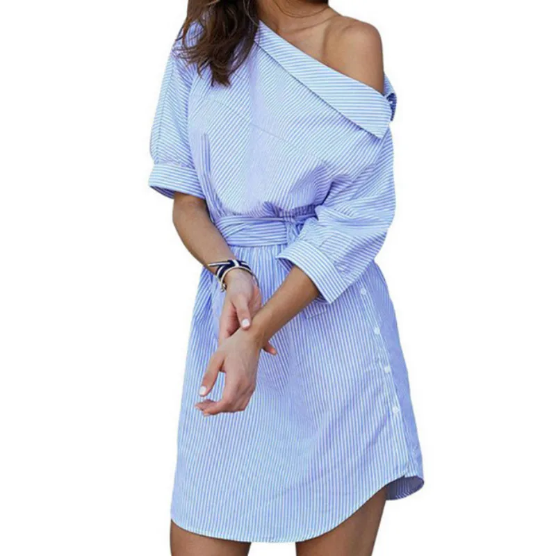 blue striped off the shoulder dress