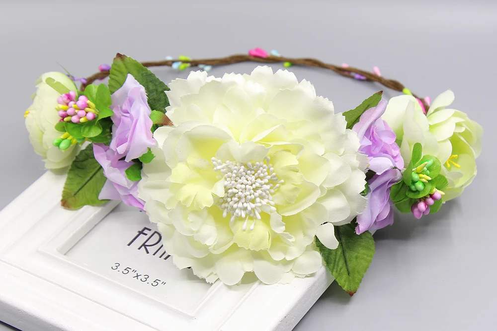

Peony wreath of flowers Adults and children headdress wedding headbands party flowers hair accessories purple and beige wreath