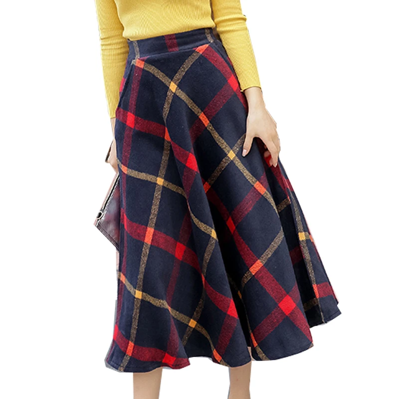 

A Line Skirts New Hot Selling Women Fashion Korean Style Design Office Lady Work High Waist Long Red Green Plaid Skirt E0433
