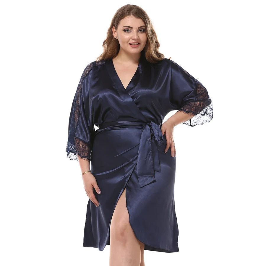 Plus Size Women Loose Robe Casual Lace Trim Robes Gowns Sleepwear Sexy