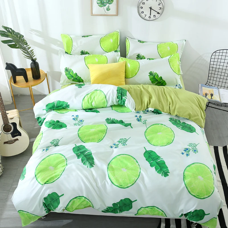 

Green Lemon Pattern Sheet Pillowcase And Duvet Cover Sets 100% Polyester Soft Bedlinen Twin Double Queen King Size Bedding Set