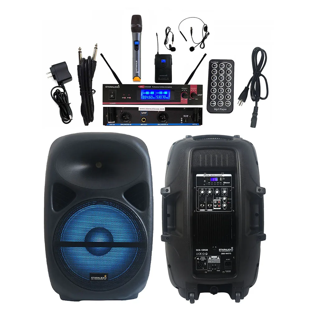 

STARAUDIO 2500W 15" Powered Active PA DJ BT Speaker Club LED Light Speaker 2 Channel UHF Wireless Handheld Headset Mic SCS-15RGB