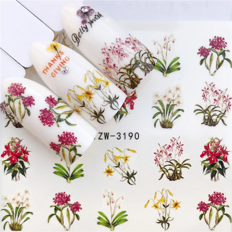 WUF 1 PC Colorful Flower / a bunch of flowers Water Transfer Nail Art Sticker Beauty Red Maple Leaf Decal Nails Art Decorations