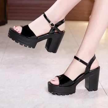 

Patent leather thick with waterproof platform sandals female summer 2019 new high-heeled wild word buckle with a fish mouth shoe