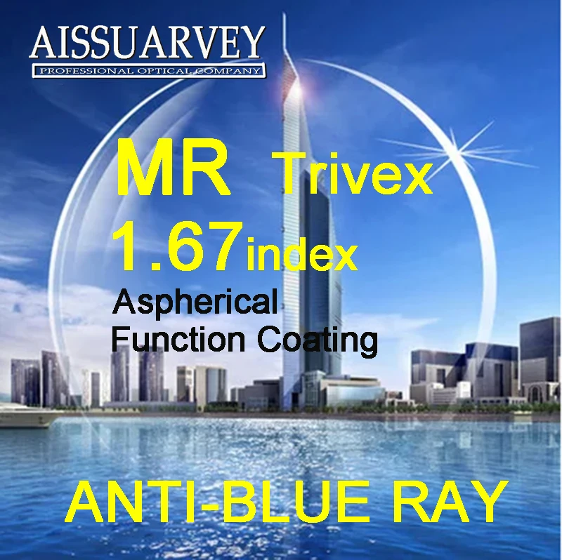 1.67 Index Aspherical Trivex Lenses MR 7 Anti blue Ray Clear Function Green Coating Top Quality