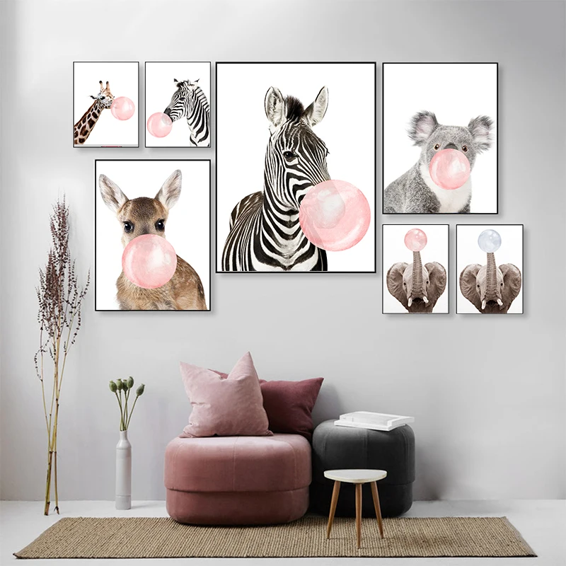 

Modern Pink Balloon Nordic Cartoon Zebra Cute kids Room Decor Art Canvas Painting Warm Family Poster Wall Pictures Home Decor