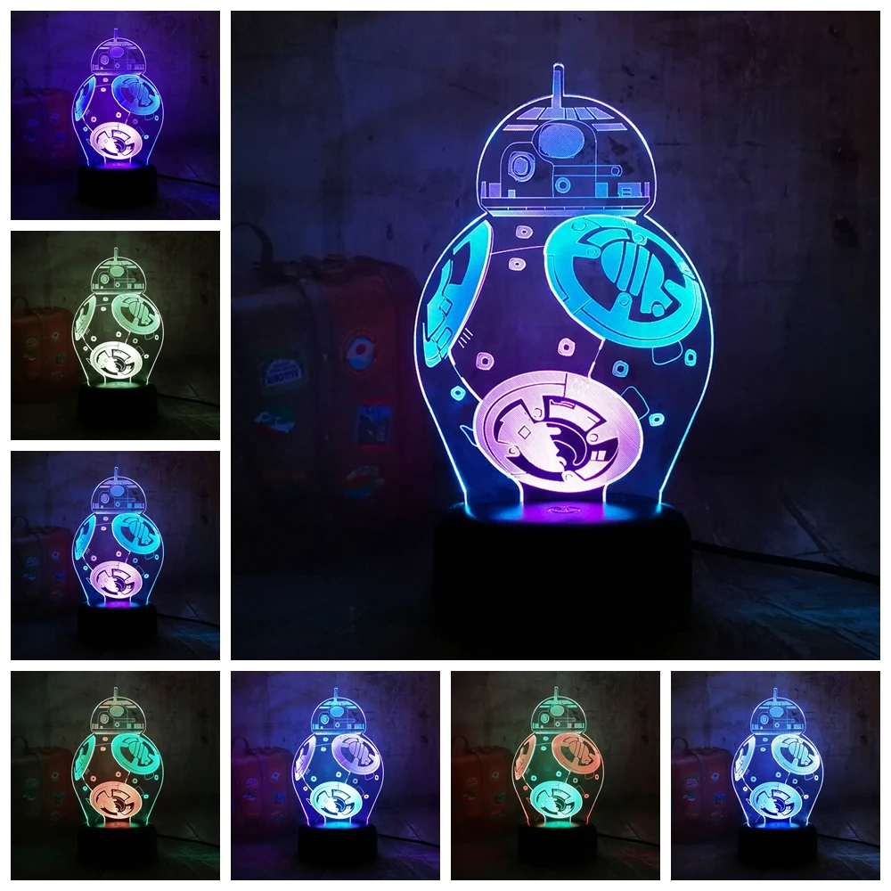 Звездные войны BB8 блеск 3D светодиодный RGB 7 смешанный двойной изменение цвета Ночной светильник пульт дистанционного управления настольная лампа Рождественский подарок спальня игрушки для декора дома