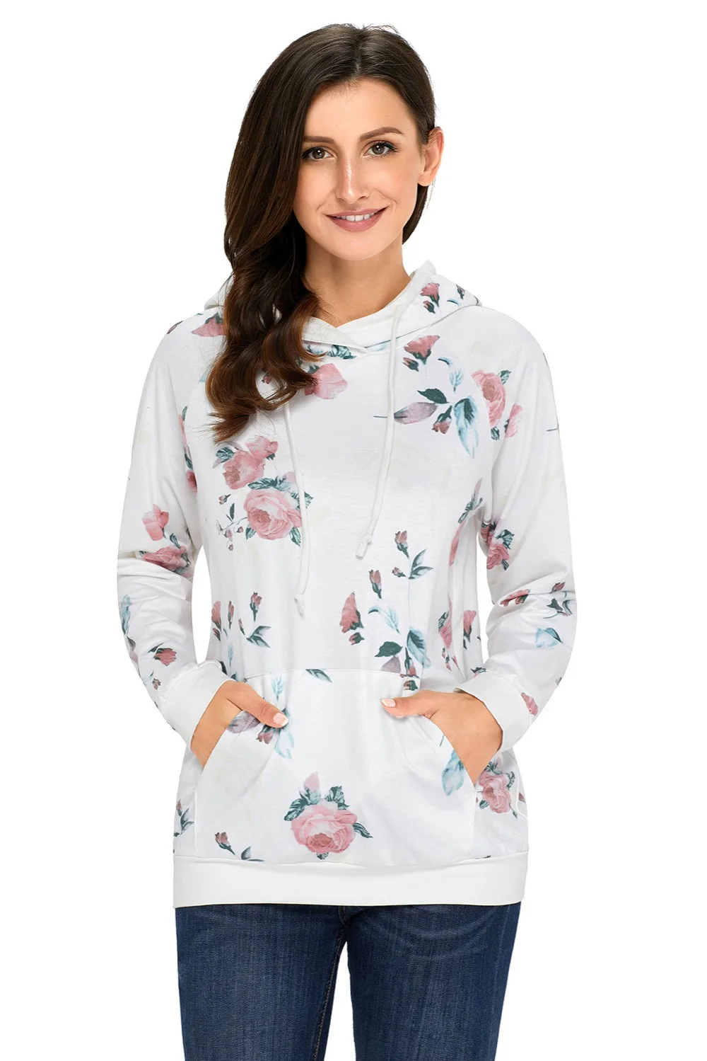 Winter Floral Printed Hoodie Pocket Top Casual Womens Long