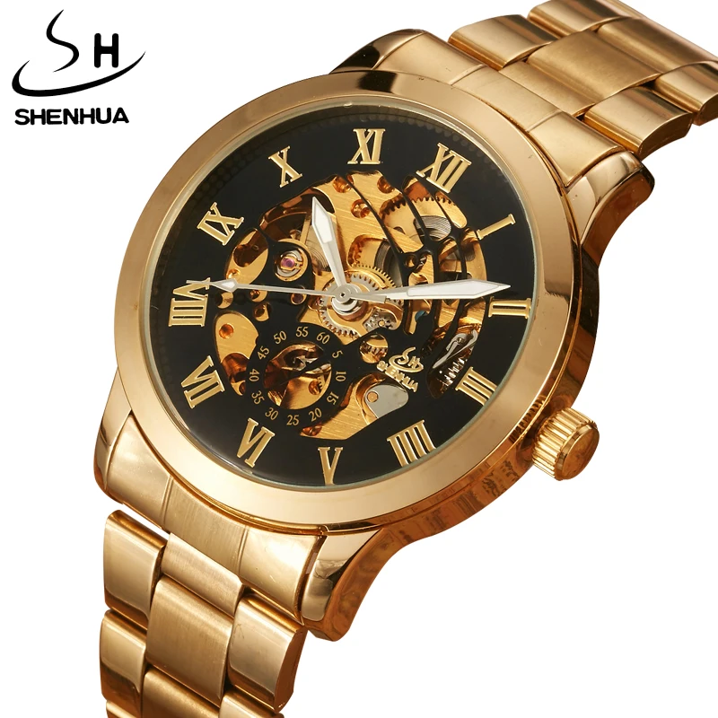 

New Luxury Brand SHENHUA Golden Stainless Steel Mens Automatic Mechanical Watches Bronze Fashion Steampunk Skeleton Wristwatches