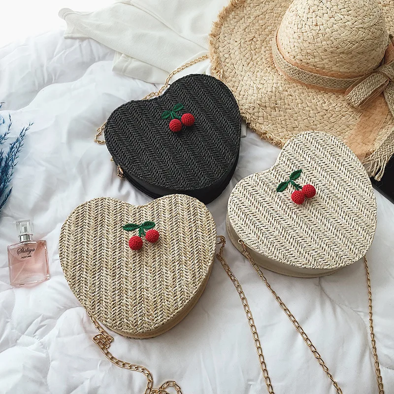 

Designer Fashion Straw Cherry Embroidery Beach Bag Heart Shape Crossbody Bags for Women 2019 Shoulder Summer Bag Handbag