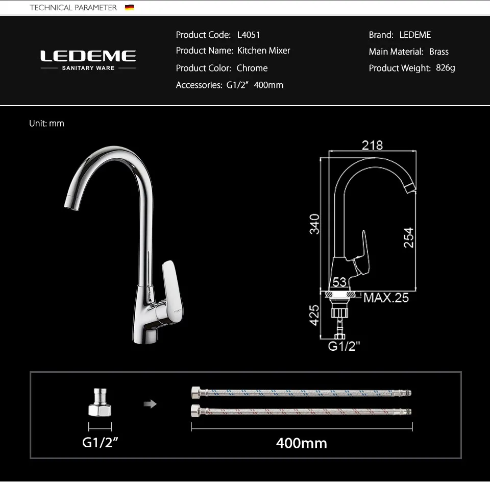 LEDEME Смеситель для кухни высокий с гайкой латунь Цвет: хром L4051