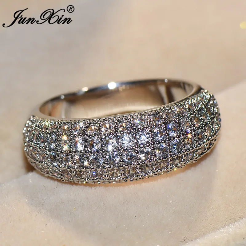 

JUNXIN Luxury Female Big White Unique Round Ring Cute Full Zircon Ring Rose Gold Filled Jewelry Vintage Wedding Rings For Women
