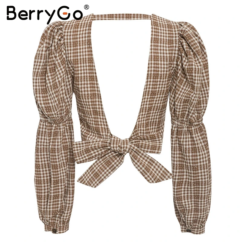 BerryGo Vintage plaid women blouse shirt Sexy backless lace up female top shirt Autumn puff sleeve oversize ladies blouses retro