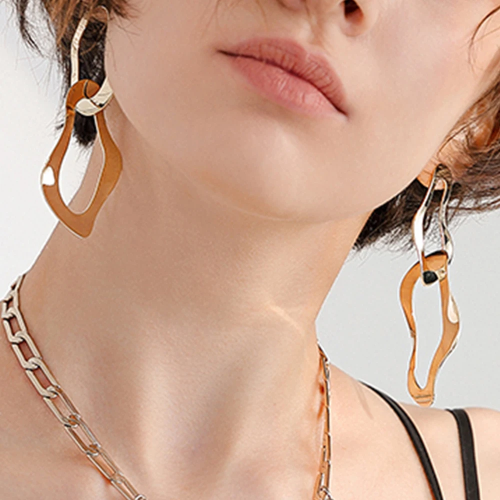 e-Manco Trendy Irregular Drop Earrings for Women Double Circle Dangle Earrings in Gold Color Large femme Fashion Jewelry Gifts
