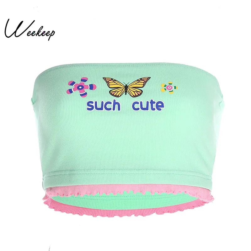 

Weekeep Printed Sleeveless Backless Tube Top Women Cropped Sexy Bandeau Top Knitted Strapless Crop Top